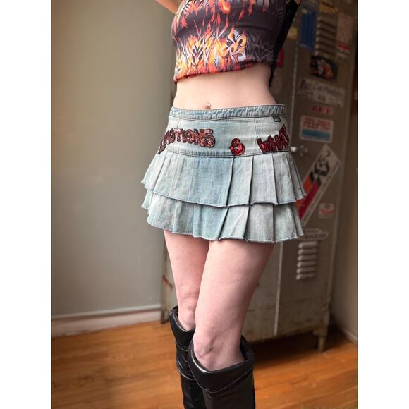 Vintage Y2K Miss Sixty Micro Mini Denim Skirt | Sequin Graphic | 28" - Picture 5 of 12